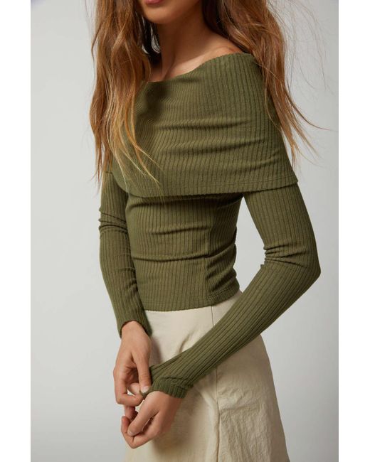 Urban Outfitters Green Uo Hailey Foldover Off-the-shoulder Long Sleeve Top In Olive,at