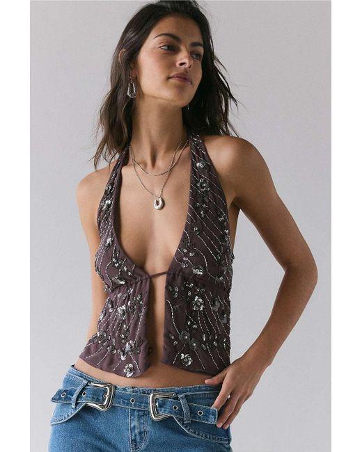 Urban Outfitters Brown Uo Camellia Embellished Halter Top