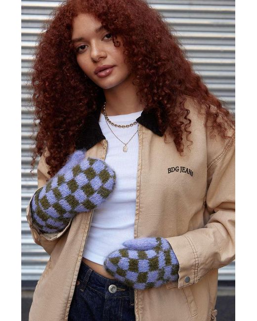 Urban Outfitters Brown Uo Fuzzy Check Mittens