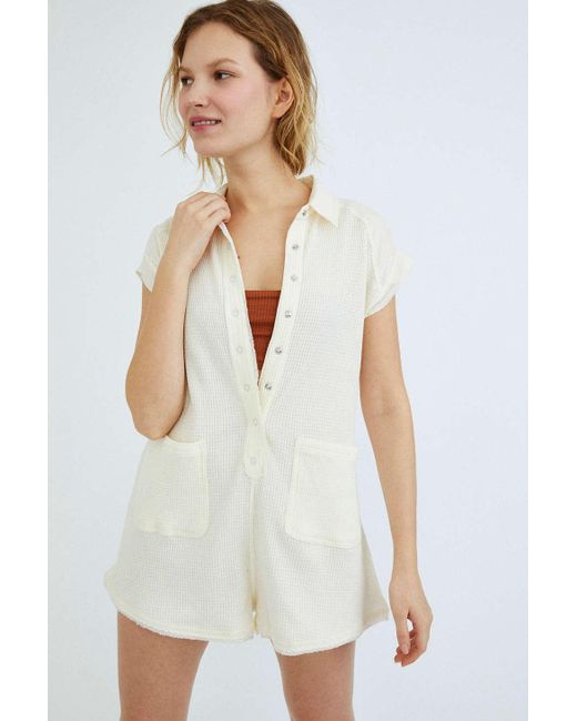 Urban Outfitters White Uo Mollie Thermal Knit Button-front Romper