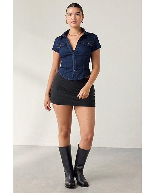 BDG Blue Polly Slim Short Sleeve Button-Up Shirt Top