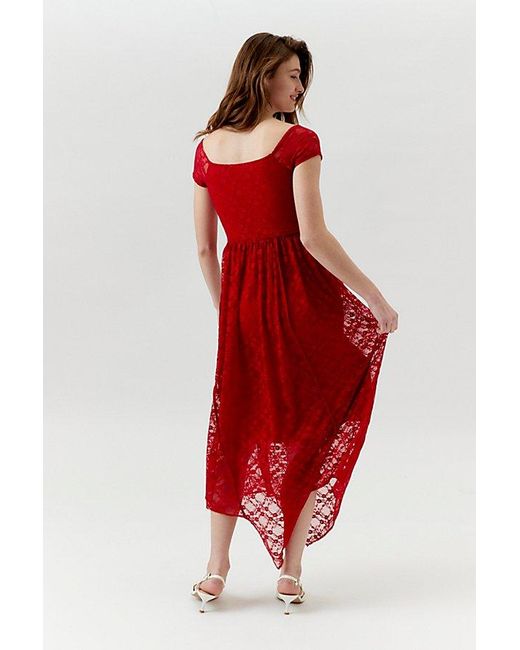 Urban Renewal Red Remnants Lace Cap Sleeve Asymmetric Maxi Dress