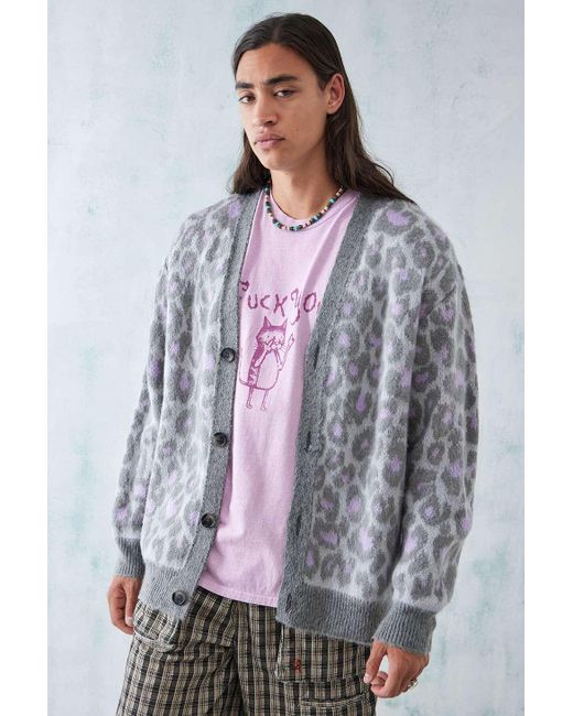 Urban Outfitters Gray Uo Lilac Leopard Print Knitted Cardigan for men