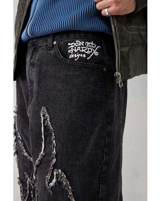 Ed Hardy Uo exclusive - verwaschene jeans in mit applikationen in Black für Herren