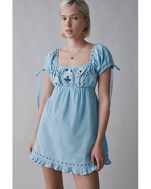 Kimchi Blue Blue Marcella Embroidered Tie-Back Babydoll Mini Dress