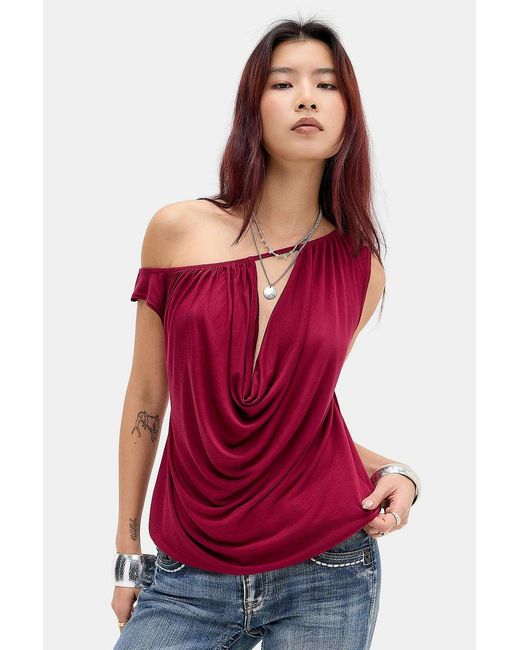 Silence + Noise Red Silence + Noise Cowl Neck Off-shoulder Drape Top