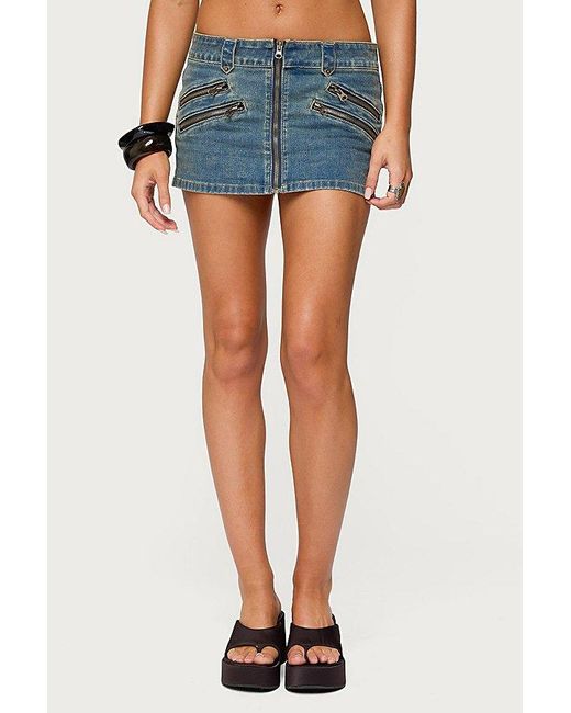 Edikted Blue Ronan Zip Up Denim Mini Skort