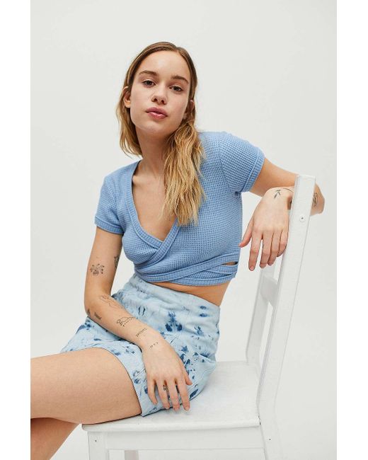 Urban Outfitters Blue Uo Karlie Waffle Wrap Top