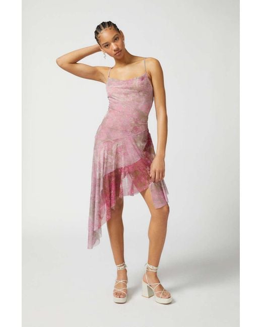 Urban Outfitters Uo Phoebe Mesh Asymmetrical Midi Dress In Pink,at