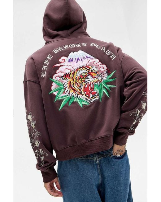 Ed Hardy Gray Uo Exclusive Brown Tiger Rose Zip-through Hoodie for men
