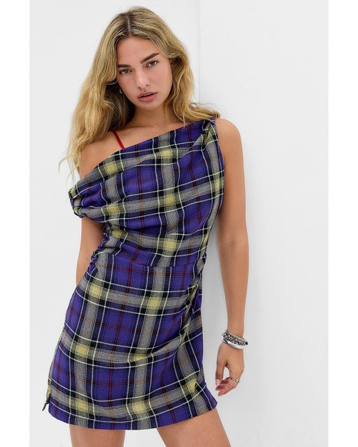 BDG Blue Check Draped Mini Dress
