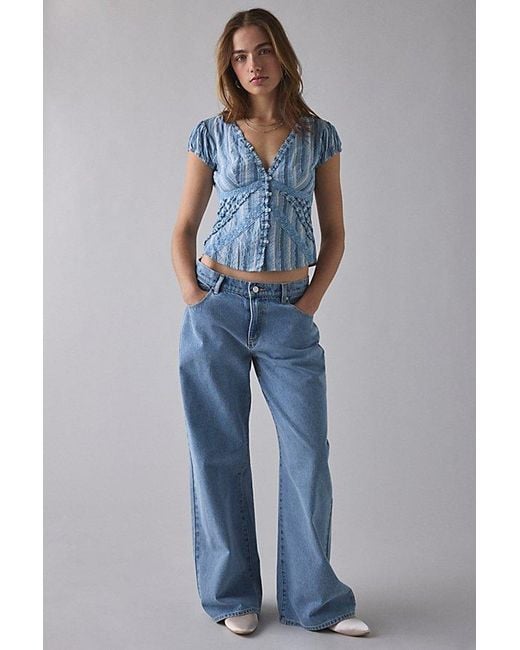 Kimchi Blue Blue Robyn Ruffle + Lace Trim Puff Sleeve Button-Up Blouse