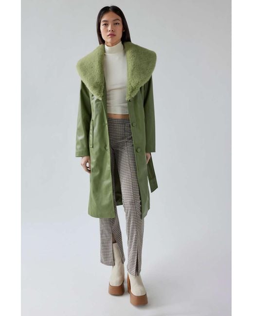 Urban Outfitters Green Uo Finn Faux Fur & Faux Leather Trench Coat