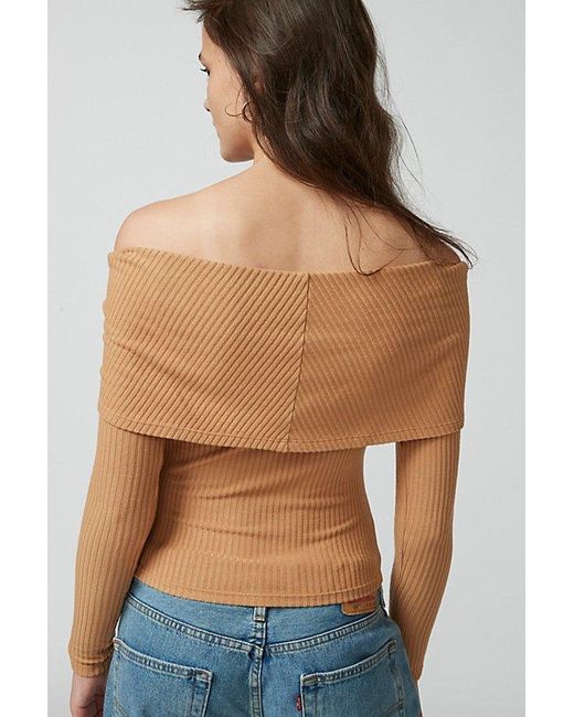 Urban Outfitters Blue Uo Hailey Foldover Off-The-Shoulder Long Sleeve Top