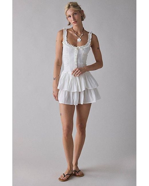 Ecote Ruffled Drop Waist Milkmaid Mini Dress in Gray | Lyst