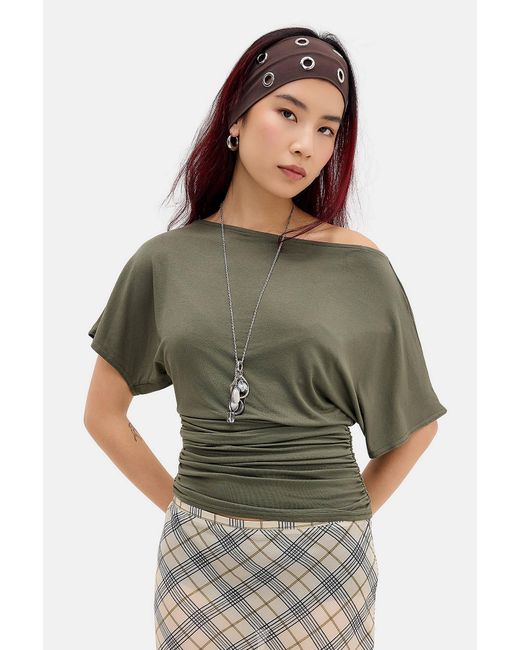 Silence + Noise Green Silence + Noise Sasha Slash Neck Ruched Waist T-shirt