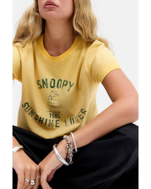 Urban Outfitters Yellow Uo Sunbleach Snoopy Varsity Relaxed Graphic Tee