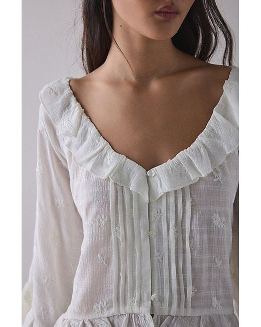 Kimchi Blue Gray Joni Embroidered 3/4 Sleeve Ruffle Blouse