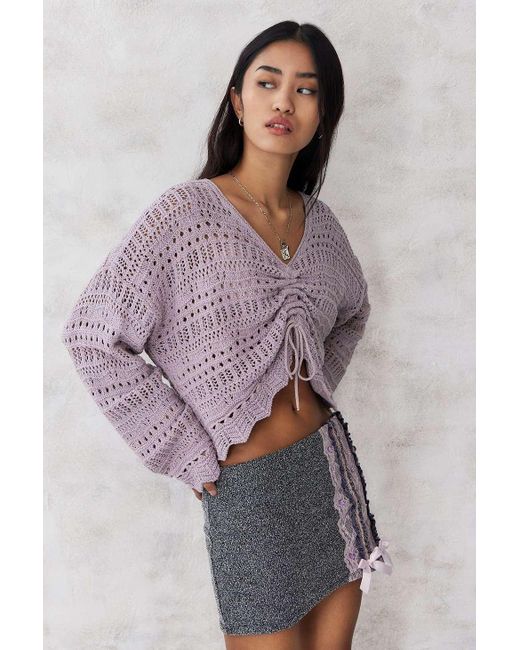 Urban Outfitters Purple Uo Ruched Open Stitch Cropped Jumper Top