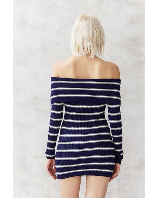 Urban Outfitters Blue Uo Tori Striped Off-The-Shoulder Knit Mini Dress