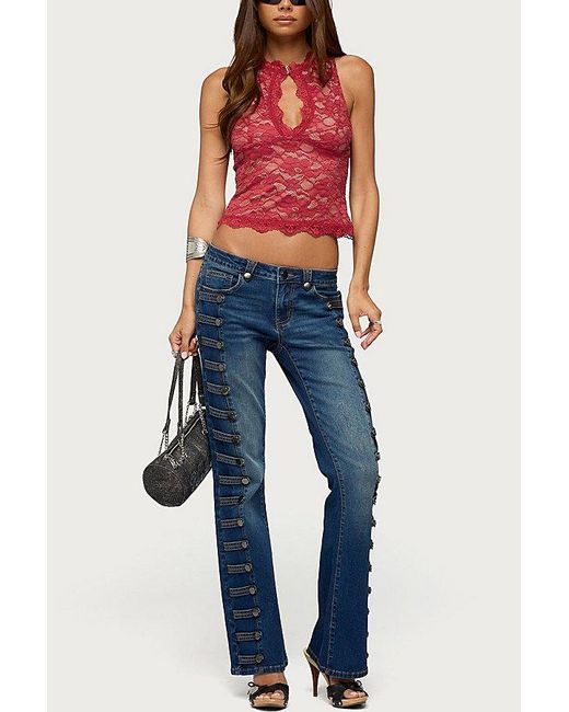 Edikted Blue Button Loop Low Rise Bootcut Jeans