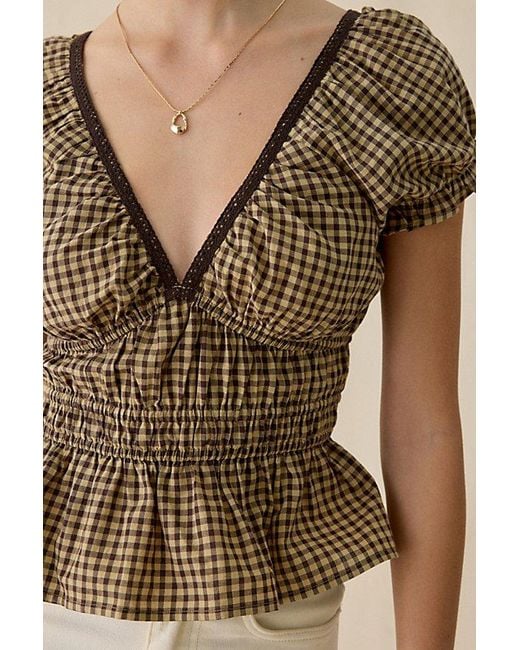 Kimchi Blue Natural Jane Ruched Lace Trim Short Sleeve Blouse