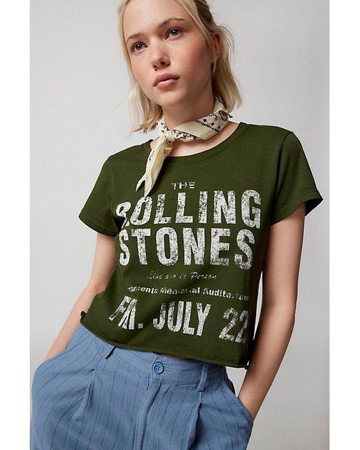 Urban Outfitters Green The Rolling Stones Raw Hem Crew Neck Baby Tee