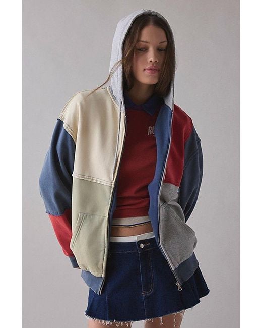 BDG Blue Dusty Colorblock Patchwork Oversized Zip-Up Hoodie Sweatshirt