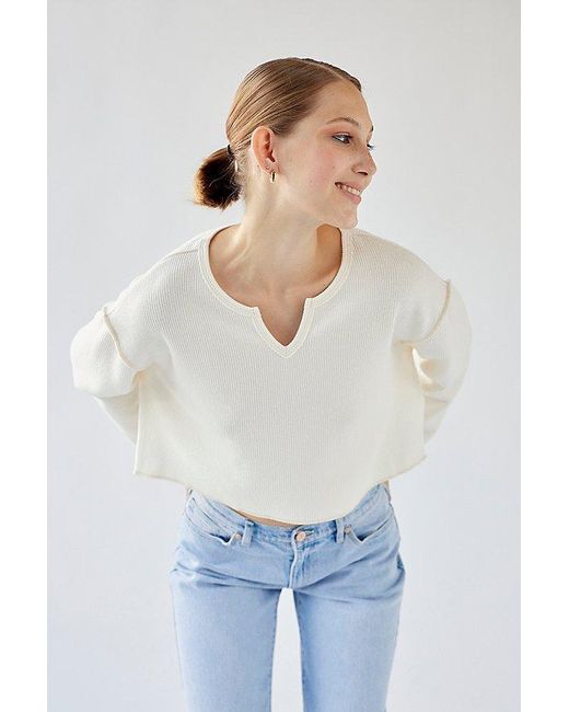 Urban Outfitters White Uo Parker Notch Neck Long Sleeve Top