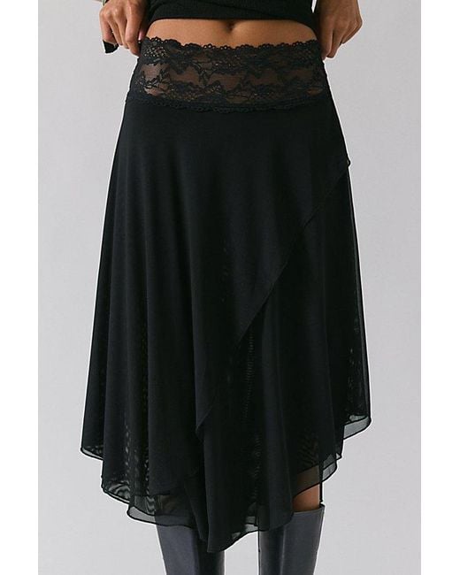 Kimchi Blue Black Ethereal Lace Trim Semi-Sheer Mesh Midi Skirt