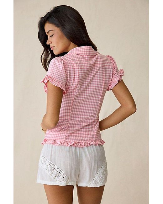 Kimchi Blue Pink Rebecca Ruffle Split-Front Slim Short Sleeve Button-Up Shirt Top