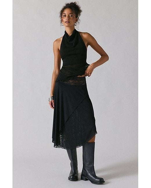 Kimchi Blue Black Ethereal Lace Trim Semi-Sheer Mesh Midi Skirt