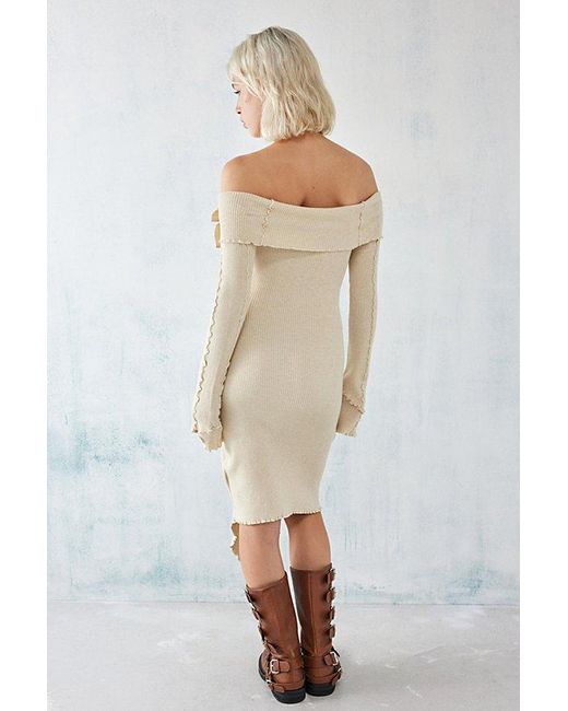 Urban Outfitters Natural Uo Emmie Knitted Off-The-Shoulder Asymmetrical Midi Dress