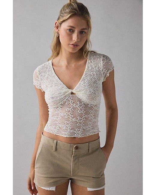Kimchi Blue White Maisie Sheer Lace Twist-Front Crop Top