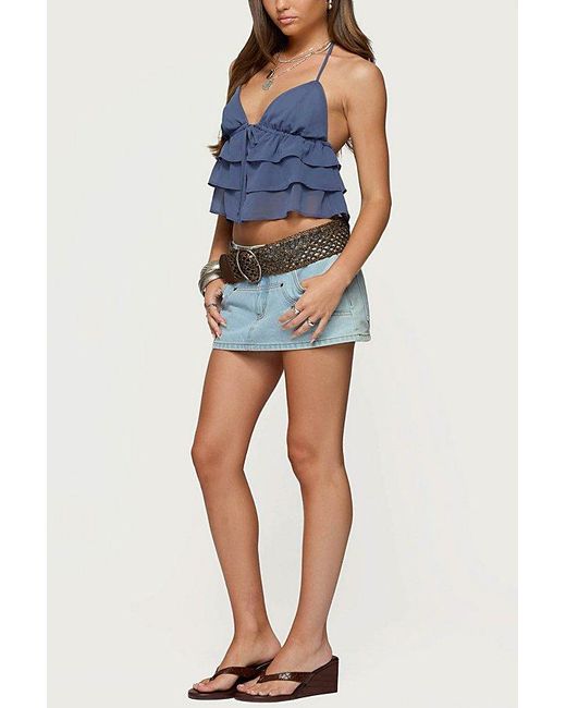 Edikted Blue Zephi Split Front Ruffled Top