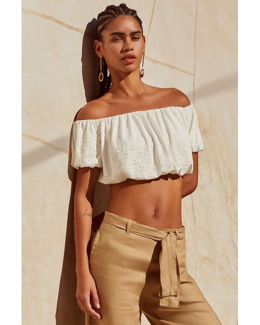Urban Outfitters White Uo Off-the-shoulder Cropped Eyelet Top