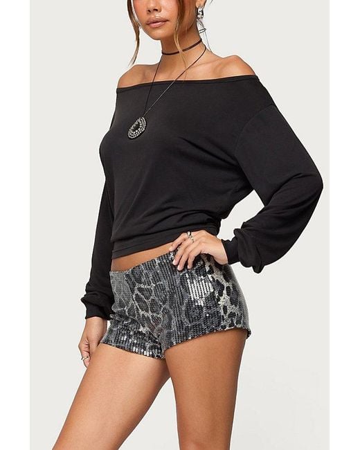 Edikted Blue Sequin Leopard Printed Micro Shorts