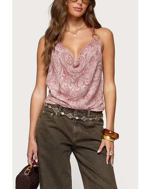 Edikted Pink Printed Halter Chain Cowl Neck Top