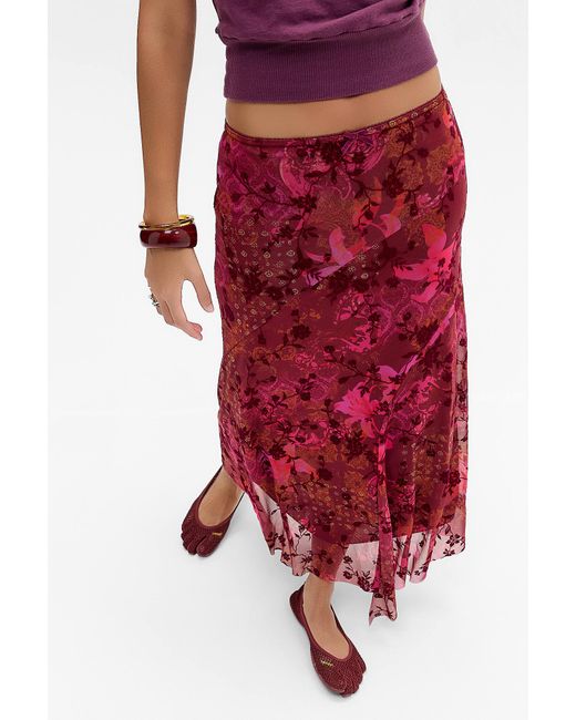 Urban Outfitters Red Uo Contour Flocked Mesh Maxi Skirt