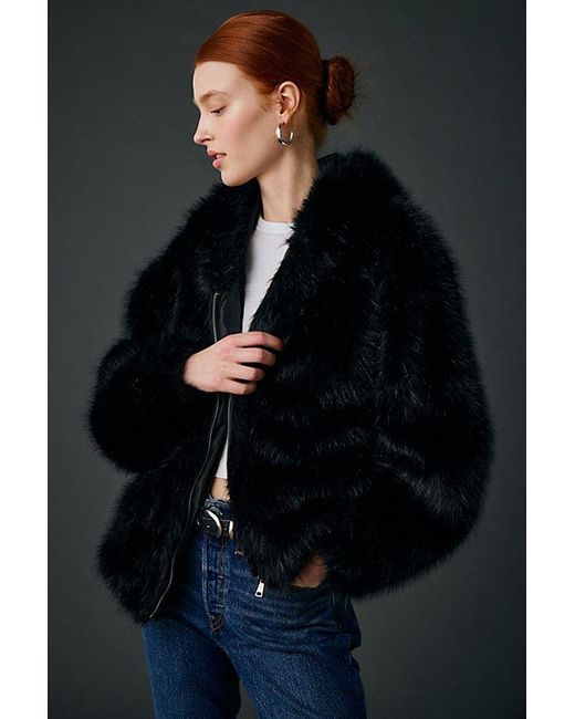 Urban Outfitters Black Uo Sloanne Faux Fur Zip-Up Hooded Jacket