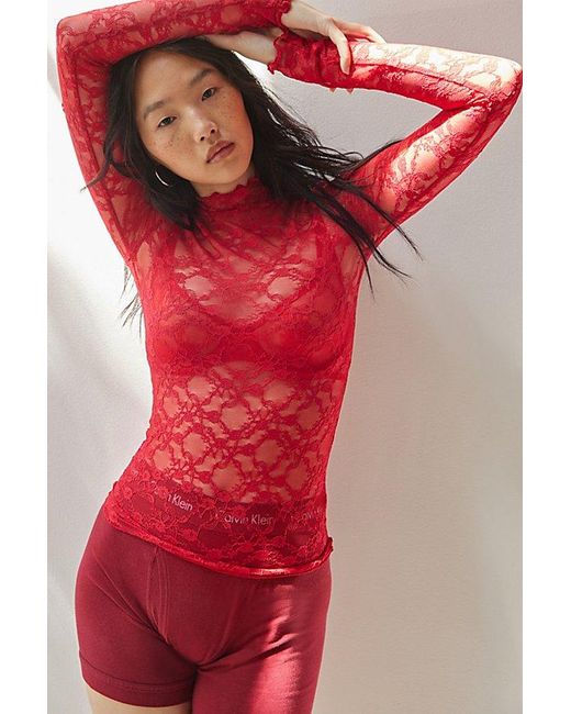 Out From Under Red Luna Sheer Lace Mock Neck Top
