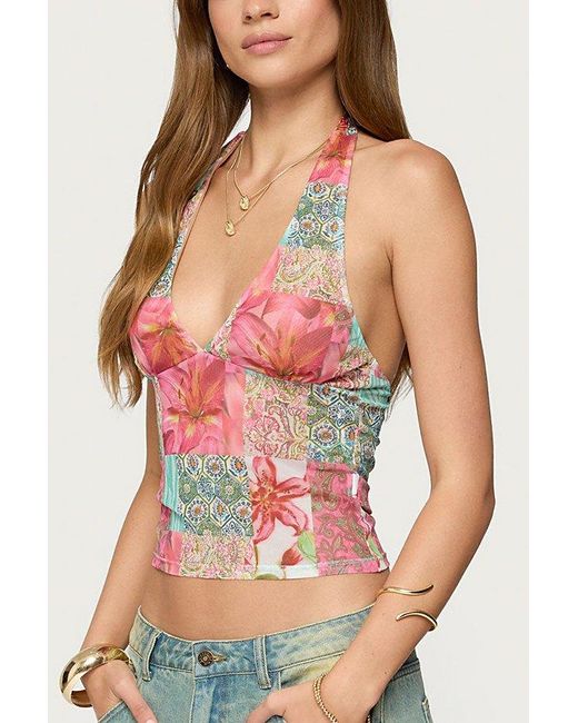 Edikted Pink Catie Printed Mesh Halter Top