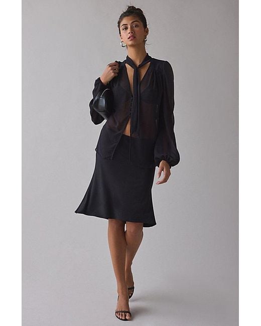 Urban Outfitters Black Uo Up All Night Sheer Tie-Front Bow Flyaway Blouse