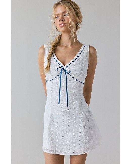 eyelet ribbon cami (white × blue ribbon) Daisy Street Eyelet Lace Ribbon Detail Plunge Mini Dress in
