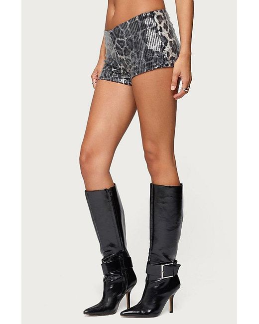 Edikted Blue Sequin Leopard Printed Micro Shorts
