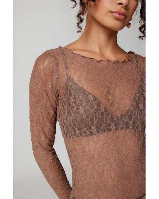 Out From Under Brown Libby Sheer Lace Long Sleeve Top