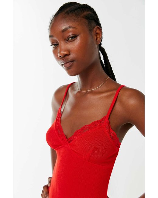 Urban Outfitters Ribbed Lace Trim Mini Dress in Red |