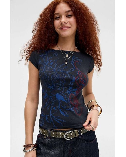 Ed Hardy Blue Uo Exclusive Climbing Rose Slash Neck T-shirt