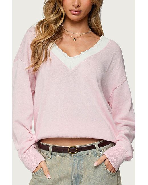 Edikted Pink Marie Contrast Lacey V Neck Sweater