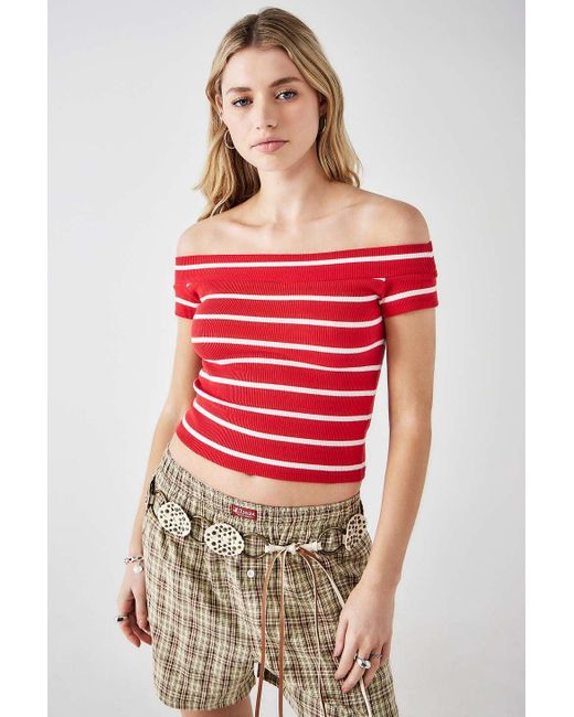 Urban Outfitters Red Uo Ever Striped Off-the-shoulder Top